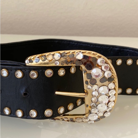 St. Maarten Black Leather Vintage Crystal Punk Rock Belt SZ XS - Picture 2 of 6